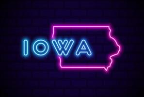 Iwa stato degli Stati Uniti incandescente lampada al neon segno illustrazione vettoriale realistico bagliore blu muro di mattoni