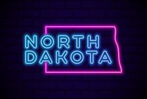 Dakota del Nord Stato degli Stati Uniti Lampada al neon incandescente segno realistico illustrazione vettoriale muro di mattoni blu bagliore