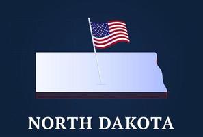 mappa isometrica dello stato del dakota del nord e bandiera nazionale usa forma isometrica 3d dell'illustrazione vettoriale dello stato americano
