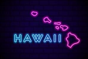 Hawaii stato degli Stati Uniti incandescente lampada al neon segno realistico illustrazione vettoriale blu muro di mattoni bagliore