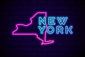 new york stato usa lampada al neon incandescente segno illustrazione vettoriale realistico bagliore muro di mattoni blu