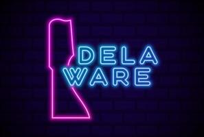 Delaware stato degli Stati Uniti incandescente lampada al neon segno illustrazione vettoriale realistico bagliore blu muro di mattoni