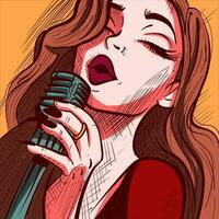 avvicinamento illustrazione di un' donna cantando su il microfono con sua voce. digitale arte di un' cantante l'esecuzione karaoke su il microfono. vettore