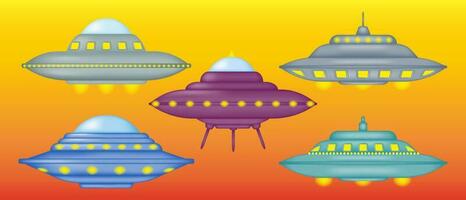 impostato di vario ufo. collezione di alieno astronavi nel cartone animato stile. volante piattino 3d. vettore illustrazione.