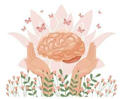 mentale Salute mani Tenere un' cervello con fiori e farfalle. salutare mentale stato, amore per se stessi, cura di sé, accettazione di sé. illustrazione, vettore