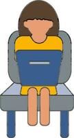 senza volto moderno ragazza utilizzando il computer portatile e seduta su sedia icona. vettore