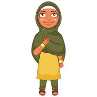 cartone animato musulmano giovane ragazza nel aadab posa. vettore