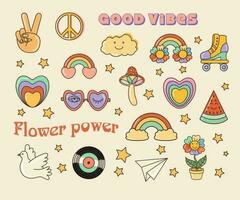 divertente cartone animato pace, amore, fiore, arcobaleno, cuore, margherita, fungo, colomba eccetera. isolato vettore illustrazione. etichetta imballare nel di moda retrò psichedelico cartone animato stile. Groovy hippie 70s impostare.