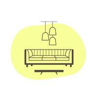 mobilia e interno design con divano, caffè tavolo e lampada. piatto icona su astratto forma sfondo vettore