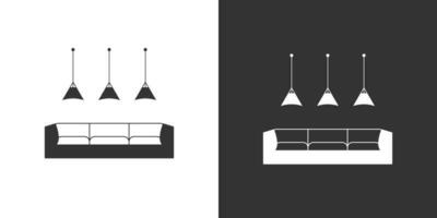 interno icona con divano e soffitto lampade. mobilia simbolo. isolato vettore icona su nero e bianca sfondo