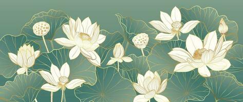 lusso orientale fiore sfondo vettore. elegante bianca loto fiori d'oro linea arte, foglie, pendenza colore. giapponese e Cinese illustrazione design per arredamento, sfondo, manifesto, striscione, carta. vettore