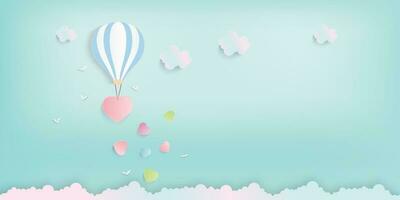 Palloncino volante al di sopra di nube con rosa cuore galleggiante su il cielo. e spargimento rosa cuore nel il cielo, vettore arte di amore e san valentino, digitale carta mestiere stile.carta arte di pastello sfondo.