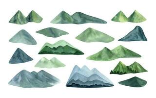 mano disegnato acquerello estate blu e verde montagne vettore