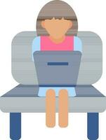 illustrazione di senza volto moderno donna Lavorando nel il computer portatile su divano sedia icona. vettore