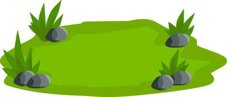 paesaggio con erba, pietre. elemento di natura e foreste. sfondo per illustrazione. prato, zolla erbosa e verde. piatto cartone animato. piattaforma e terra vettore