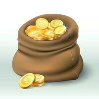 oro monete Borsa. d'oro moneta ricchezza, grande denaro contante sacco e i soldi indennità 3d realistico vettore illustrazione