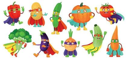 supereroe verdure. super cetriolo, eroe maschera su zucca e verdura cibo con supereroi mantello cartone animato vettore illustrazione impostato
