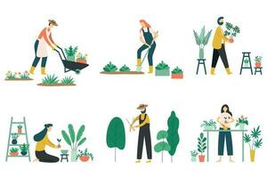 persone giardinaggio. donna piantare giardini fiori, agricoltura giardiniere passatempo e giardino lavoro piatto vettore illustrazione impostato