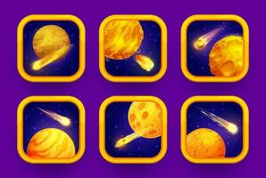 cartone animato spazio gioco App icone con giallo pianeti vettore