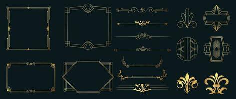 collezione di geometrico arte deco ornamento. lusso d'oro decorativo elementi con diverso linee, cornici, intestazioni, divisori e frontiere. impostato di elegante design adatto per carta, invito, manifesto. vettore