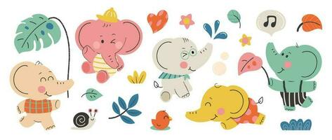 impostato di carino elefanti vettore. adorabile selvaggio vita elefante nel diverso pose, felice, seduta, pulcino, lumaca, fiore. contento selvaggio animali illustrazione design per formazione scolastica, bambini, manifesto, adesivi. vettore