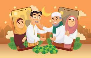 eid mubarak saluto con la famiglia sul cellulare vettore