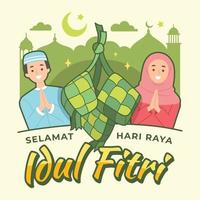 coppia musulmana con ketupat celebra l'idul fitri vettore