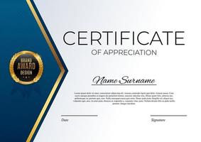 certificato blu e oro di sfondo modello di realizzazione con badge oro e design del diploma premio confine vuoto vettore