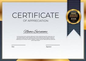 certificato blu e oro di sfondo modello di realizzazione con badge oro e design del diploma premio confine vuoto vettore