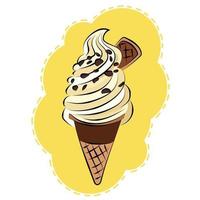 questo è un cono di cialda con glassa al cioccolato con gelato alla crema catalana e patatine al cioccolato in cima vettore