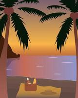 picnic in spiaggia in riva al mare sotto le palme durante l'illustrazione di vettore di concetto di tramonto