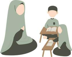 musulmano uomo e donna nel tradizionale Abiti lettura corano. vettore illustrazione.