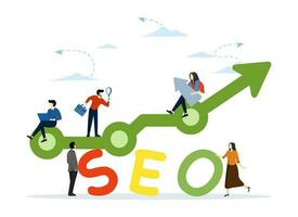 seo, professionale uomo Tenere ingrandimento bicchiere, ricerca motore ottimizzazione per sito web per mostrare nel ricerca risultati pagina concetto, topo pointer o utilizzando il computer portatile seduta su analitico grafico su parola SEO vettore