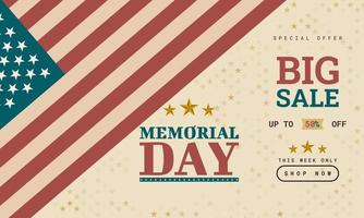 sfondo del memorial day offerta speciale promozione vendita pubblicità banner modello di progettazione in colore vintage vettore