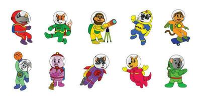 collezione di astronauta animale personaggio illustrazioni, vettore, eps 10, modificabile, animali, adesivi, figli di libri, colorazione vettore
