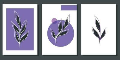 impostato di creativo minimalista illustrazioni con botanico elementi e viola forme. per interno decorazione, Stampa e design vettore