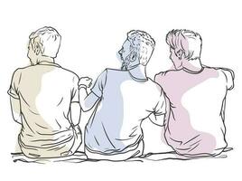 tre maschio amici ridendo insieme, discutere, seduta arretrato su il terra, semplice linea arte mano disegnato vettore colore illustrazione