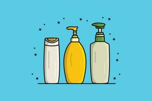 impostato di naturale sapone o shampoo bottiglie vettore illustrazione. assistenza sanitaria e medico icona concetto. liquido sapone bottiglie collezione vettore design.