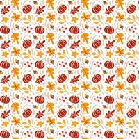 seamless con ghiande, zucca e foglie di quercia autunnali in arancione e marrone. perfetto per carta da parati, carta regalo, riempimenti a motivo, sfondo della pagina web, biglietti di auguri autunnali vettore