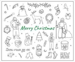 Natale personaggi, citazioni e decorazioni. nuovo anno illustrazione di Santa claus, i regali, ghirlanda, calzini, ghirlanda, regali. vettore