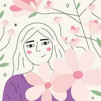 un' giovane donna circondato di magnolia fiori. primavera vettore illustrazione nel disegnato a mano piatto stile