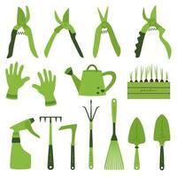 collezione di giardinaggio utensili isolato su bianca sfondo. verde essenziale giardinaggio utensili kit vettore