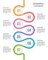 sequenza temporale verticale infografica modello 7 passaggi o opzioni, flusso di lavoro o processi diagramma. vettore illustrazione.