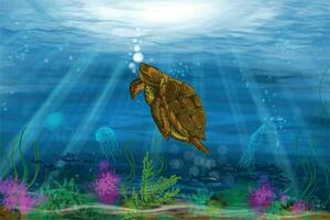 verde mare tartaruga nel in profondità blu acqua per mondo oceano giorno sfondo vettore