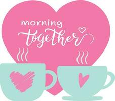 Due caffè tazze lato di lato. mattina insieme. tazza con mano disegnato cuori su esso. simbolismo di amore e felicità. isolato su bianca sfondo vettore
