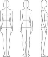 Da donna figura. corpo proporzioni per cucire vestiario. rompersi, vita, fianchi Linee. femmina silhouette. davanti, Indietro, lato visualizzazioni. vettore illustrazione.