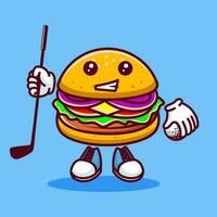 vettore illustrazione di kawaii hamburger cartone animato personaggio con bastone golf e sfera. vettore eps 10