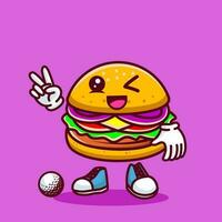 vettore illustrazione di kawaii hamburger cartone animato personaggio con bastone golf e sfera. vettore eps 10