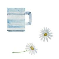 acquerello mano disegnato illustrazione. tazza boccale a strisce bianca e blu porcellana, camomilla fiori. isolato oggetto su bianca sfondo. per inviti, bar, ristorante cibo menù, Stampa, sito web, carte vettore