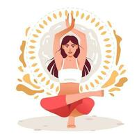 un' donna medita su uno gamba. mentale yoga. piatto vettore illustrazione.